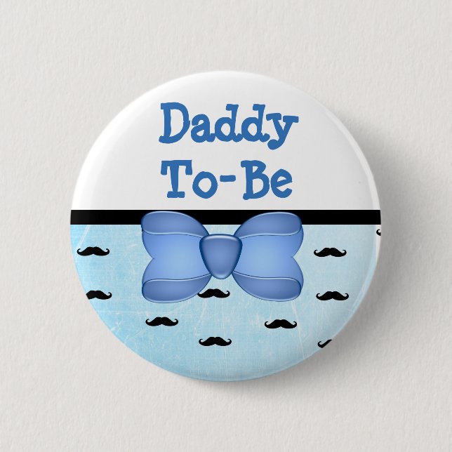Blue Bow & Moustache Daddy to be Baby Shower 2 Inch Round Button (Front)