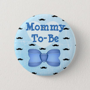 Blue Bow & Moustache Mommy to be Baby Shower Butto 2 Inch Round Button