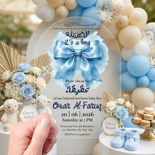 blue bow muslim baby boy aqeeqah acrylic invitations