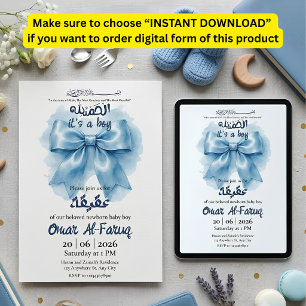 blue bow muslim baby boy aqeeqah invitation