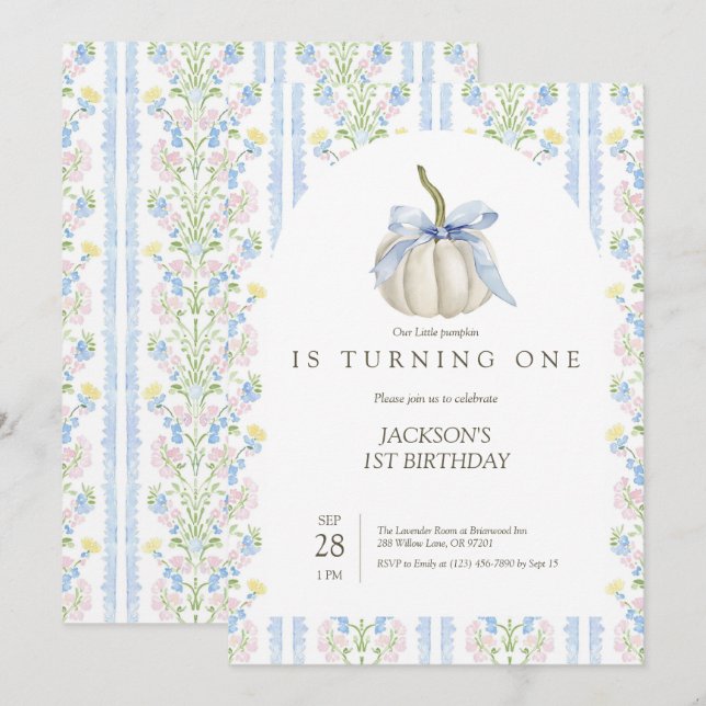 Blue bow Our Little Pumpkin Birthday Invitation (Front/Back)