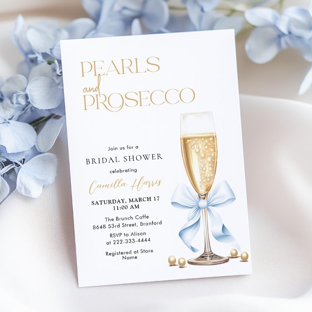 Blue Bow Pearls & Prosecco Invitation (Creator Uploaded)