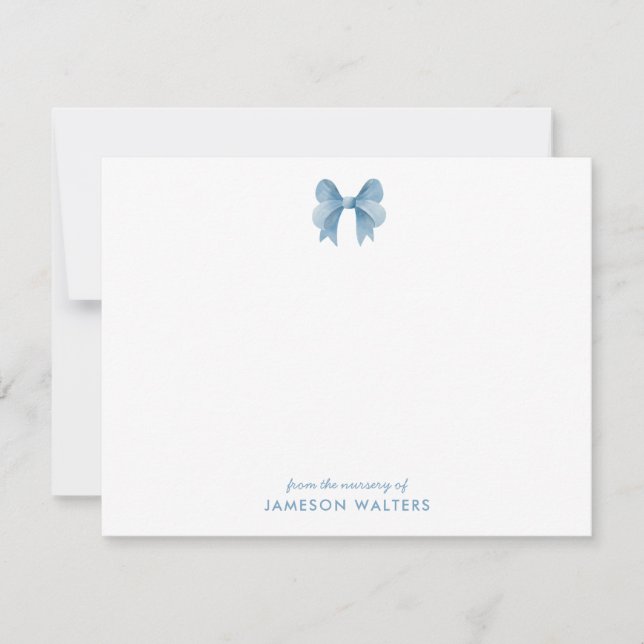 Blue Bow Personalized Baby Boy Note Card (Front)