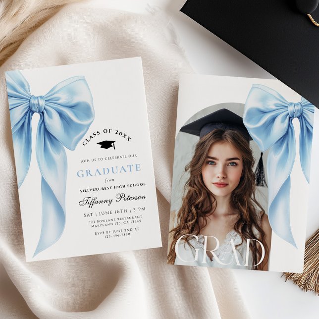 Blue Bow Photo Graduation Invitation (Créateur téléchargé)