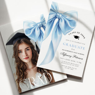 Blue Bow Photo Graduation Invitation