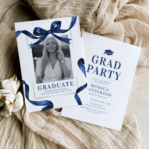Blue Bow Photo Graduation Party Invitation