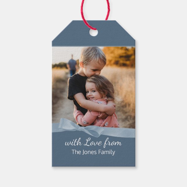 Blue Bow Photo Greeting Gift Tags (Front)