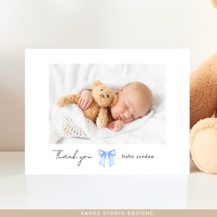 Blue Bow Photo Modern Baby Shower Thank You Postcard