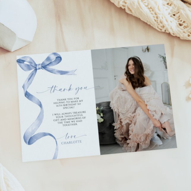 Blue Bow Photo Thank You Note Card (Creator Uploaded)