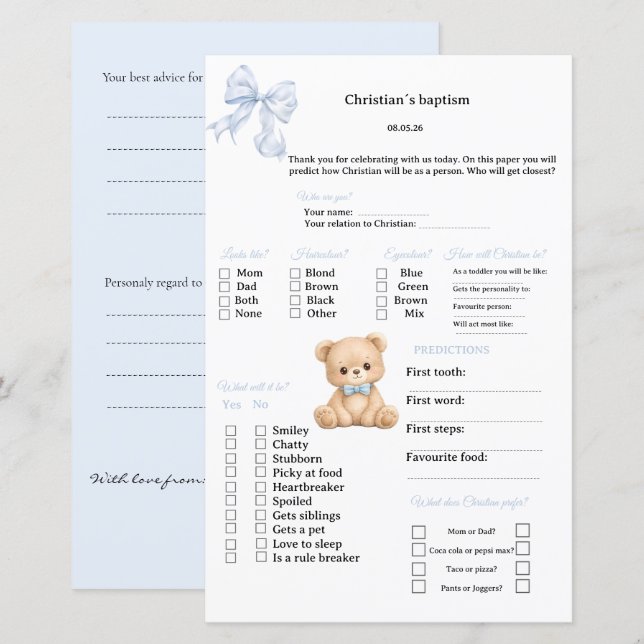 Blue Bow Predictions and advice game for Baptism (Front/Back)