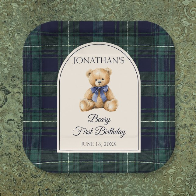 Blue Bow Preppy Teddy Bear 1st Birthday Paper Plate (Blue Bow Preppy Teddy Bear 1st Birthday Paper Plates)