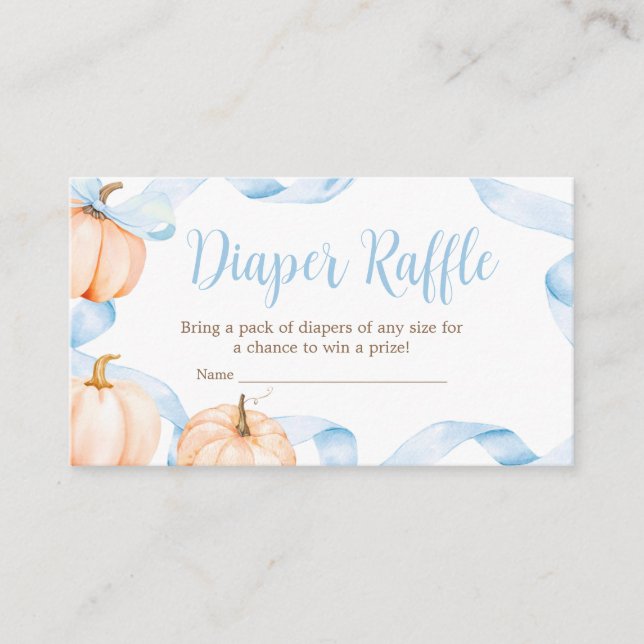 Blue Bow Pumpkin Baby Shower Diaper Raffle Enclosure Card (Front)