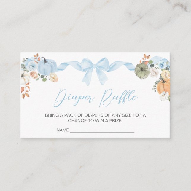 Blue Bow Pumpkin Baby Shower Diaper Raffle Enclosure Card (Front)