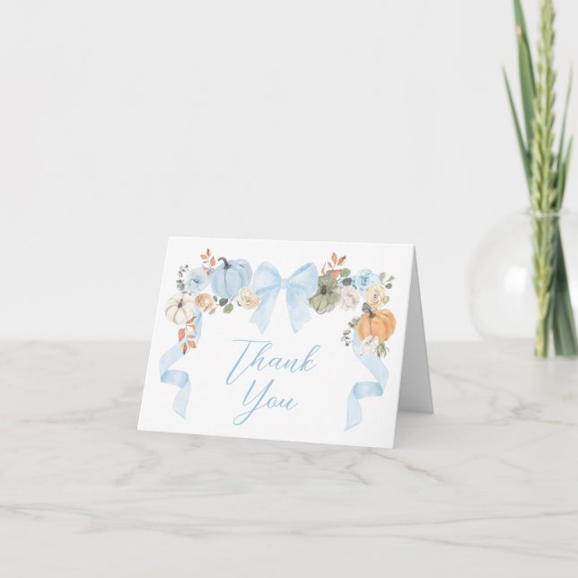 Blue Bow Pumpkin Baby Shower Thank You Card (Front)