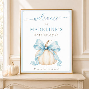 Blue Bow Pumpkin Fall Baby Boy Shower Welcome Sign