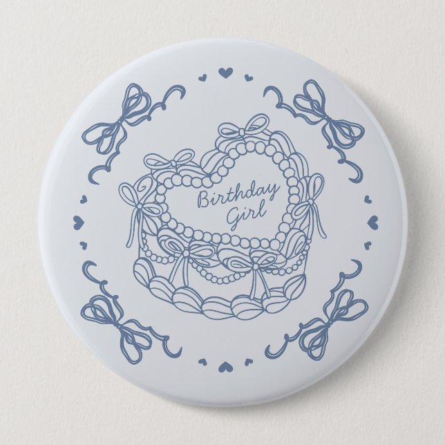 Blue Bow Retro Heart Coquette Cake Birthday Girl 4 Inch Round Button (Front)