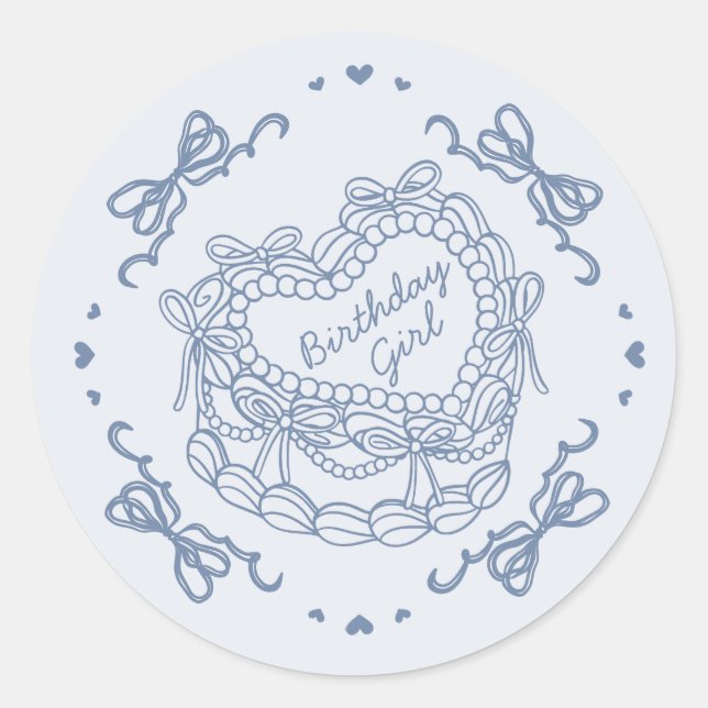 Blue Bow Retro Heart Coquette Cake Birthday Girl Classic Round Sticker (Front)