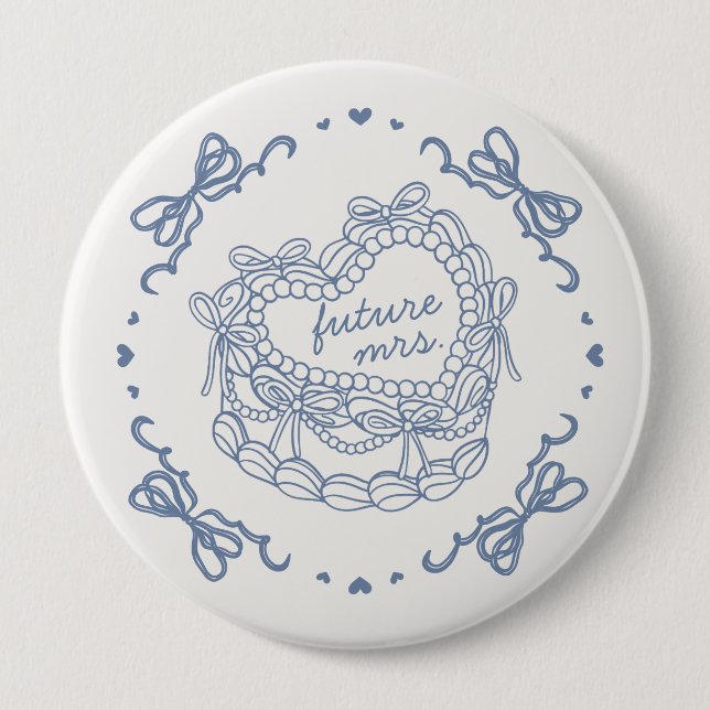 Blue Bow Retro Heart Coquette Cake Bridal Shower 4 Inch Round Button (Front)