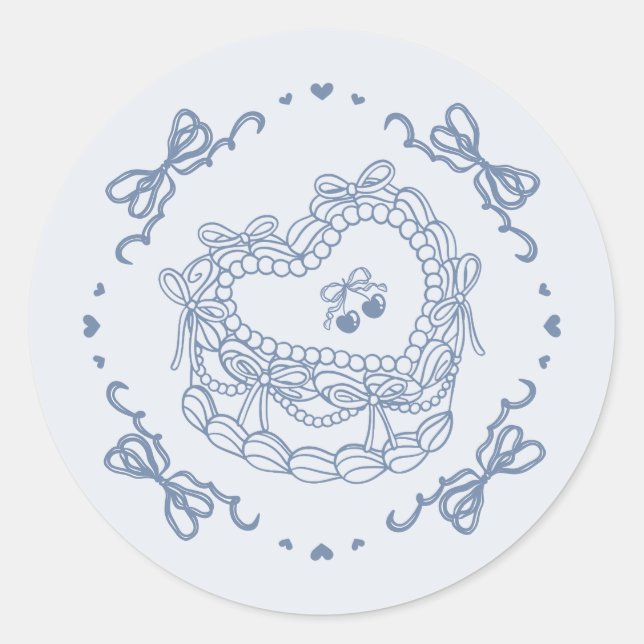 Blue Bow Retro Heart Coquette Cake Envelope Classic Round Sticker (Front)