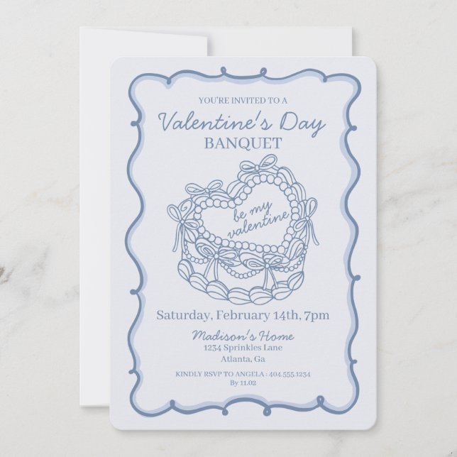 Blue Bow Retro Heart Coquette Cake Valentine Invitation (Front)