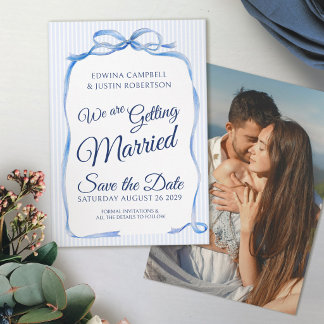 Blue bow ribbon art stripes save the date cards