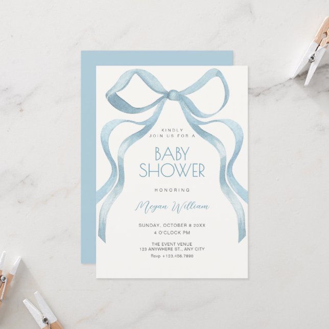Blue Bow ribbon baby shower Invitation (Front/Back In Situ)