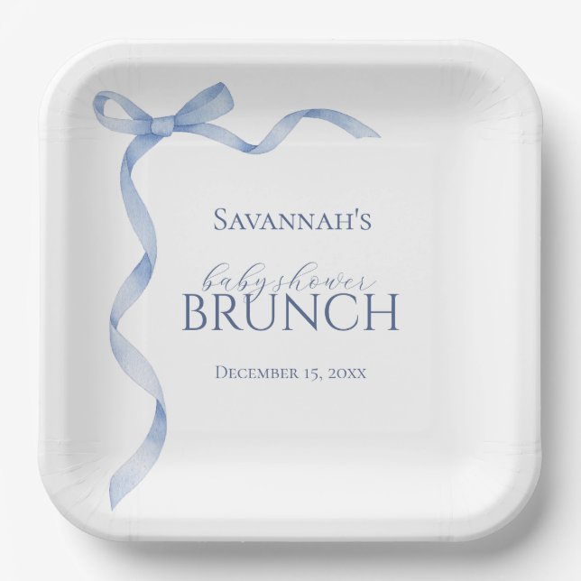 Blue Bow Ribbon Baby Shower Paper Plate (Front)