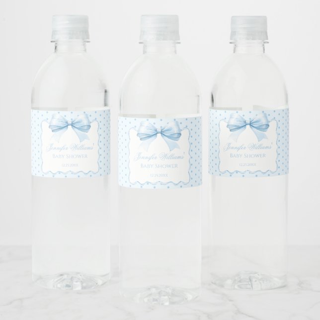 Blue bow ribbon baby shower water bottle labels (Bottles)