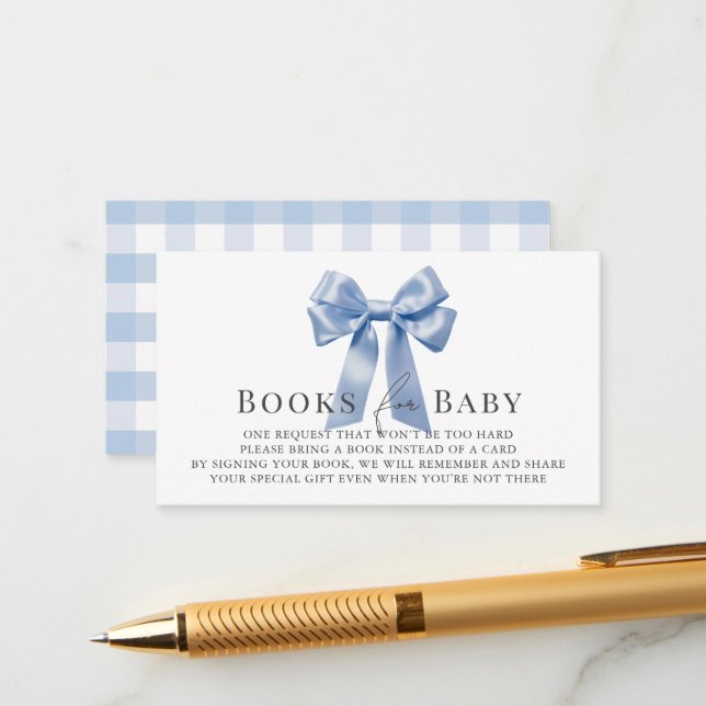 Blue Bow Ribbon Boy Baby Shower Book Request Enclosure Card (Front/Back In Situ)