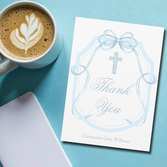 Blue Bow Ribbon Christian Cross Personalized Thank You Card (Creator Uploaded)