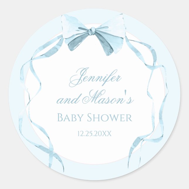 Blue bow ribbon classic preppy baby boy shower round sticker (Front)