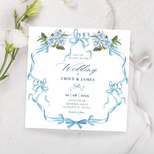 Blue bow ribbon floral wedding invitation