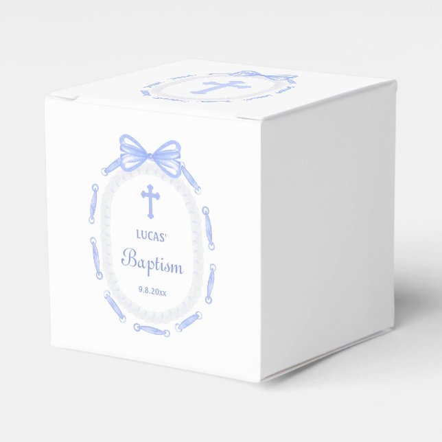 Blue Bow Ribbon Frame Baptism Cube Favor Box (Front Side)