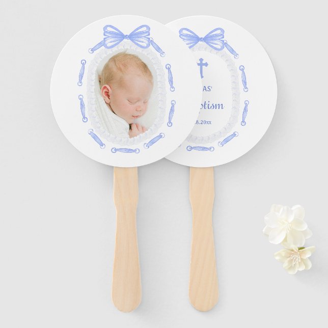 Blue Bow Ribbon Frame Baptism Hand Fan (Front and Back)