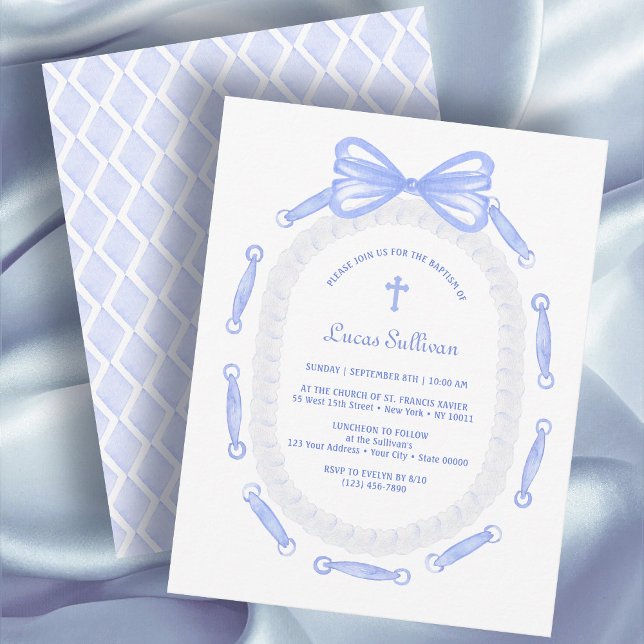 Blue Bow Ribbon Frame Baptism Invitation (Creator Uploaded)