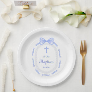 Blue Bow Ribbon Frame Baptism Paper Plate