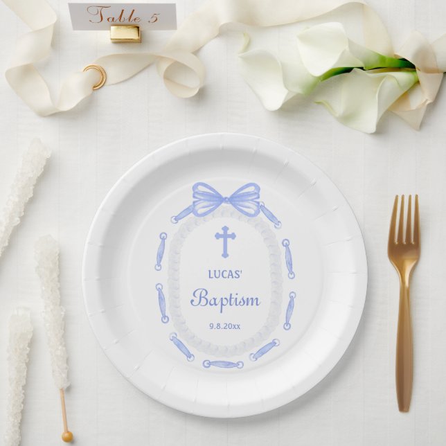 Blue Bow Ribbon Frame Baptism Paper Plate (Wedding)