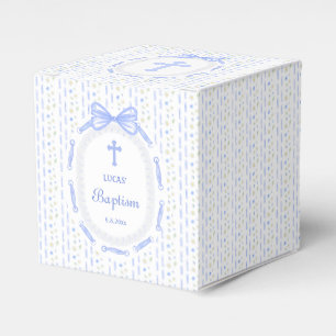 Blue Bow Ribbon Frame Floral Baptism Cube Favor Box