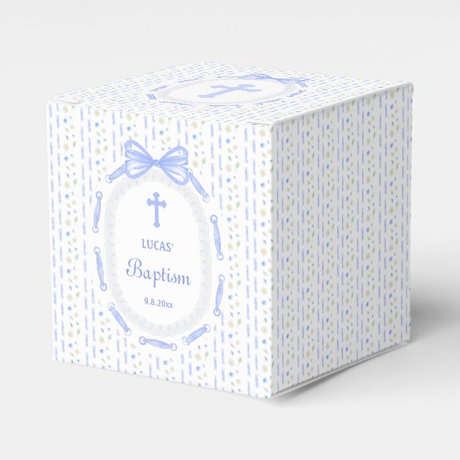 Blue Bow Ribbon Frame Floral Baptism Cube Favor Box (Front Side)
