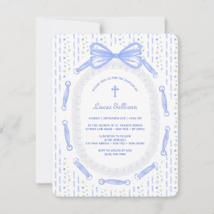 Blue Bow Ribbon Frame Floral Baptism Invitation