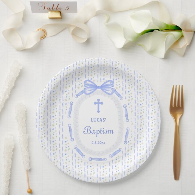 Blue Bow Ribbon Frame Floral Baptism Paper Plate (Wedding)