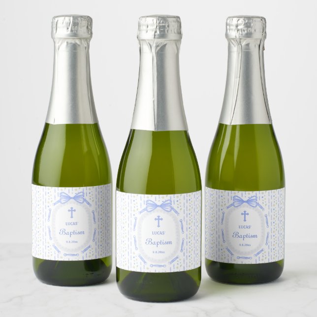 Blue Bow Ribbon Frame Floral Baptism Sparkling Wine Label (Bottles)
