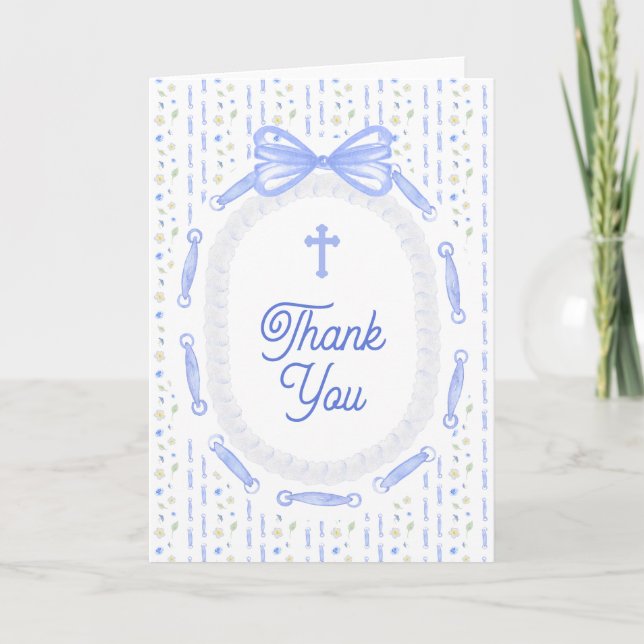 Blue Bow Ribbon Frame Floral Religious Thank You Card (Front)
