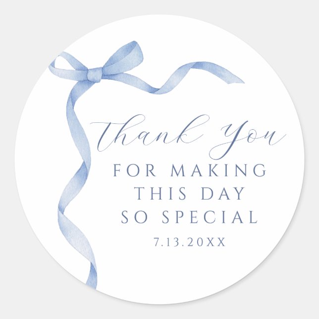Blue Bow Ribbon Thank You Classic Round Sticker (Front)