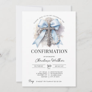 Blue Bow & Rosary Confirmation Invitation