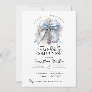 Blue Bow & Rosary First Communion Invitation