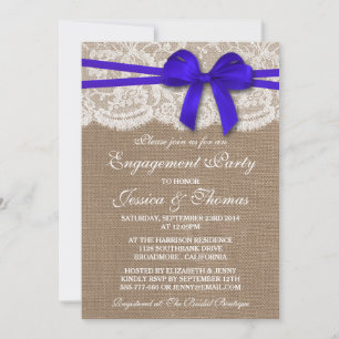 Blue Bow Rustic Burlap & Lace Engagement Party Invitation