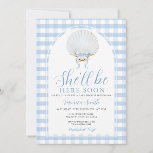 Blue Bow She'll Be Here Soon Sea Shell Baby Shower Invitation