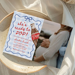 Blue Bow She's Ready to Pop Baby Shower Photo Invitation