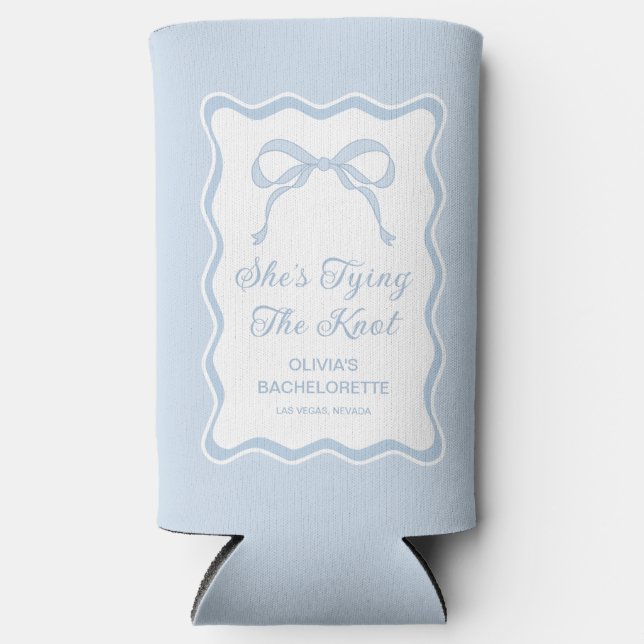 Blue Bow She's Tying the Knot Bachelorette Party  Seltzer Can Cooler (Front)